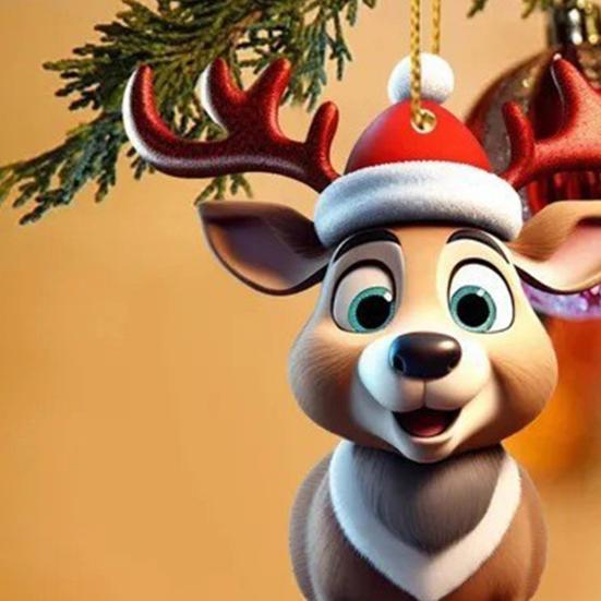 Yousheng 6 Pcs Christmas Reindeer Ornament Cute Cartoon Elk Acrylic Hanging Decoration with Santa Hat 2D Flat Animal Pendant for Car Interior Home