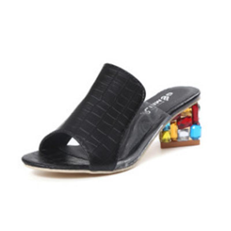 Moda Boca de Pez Elegante Tacón Medio Tacones Gruesos Sandalias de Pedrería Zapatillas Mujer Sandalia Mujer Tacón de Cristal Zapatos de Mujer 41