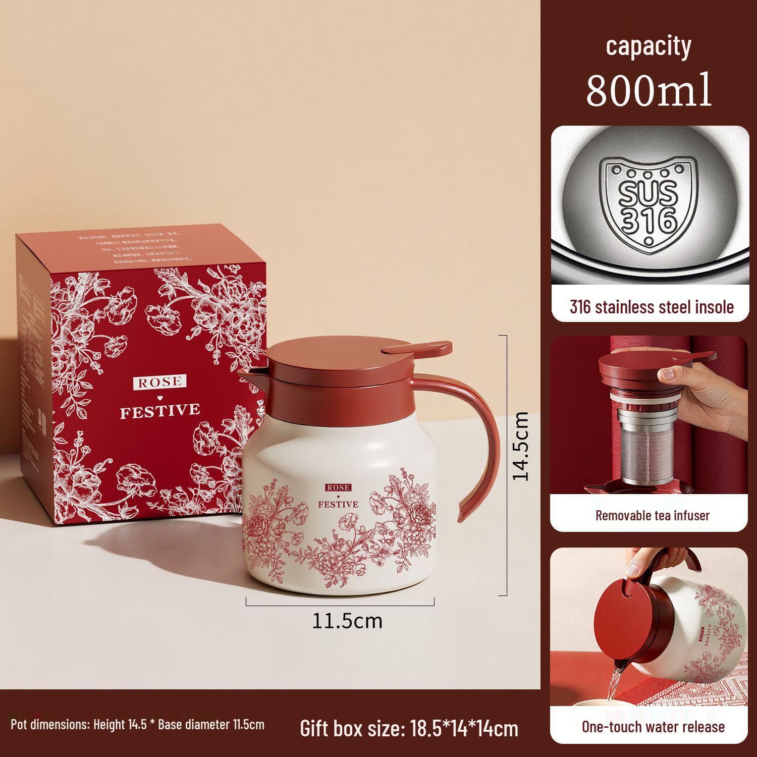 

Red Rose Thermos: Stewing & Brewing Teapot Set - Ideal Newlywed Gift or Bridal Dowry, Includes Two Hot Water Bottles. 800ML