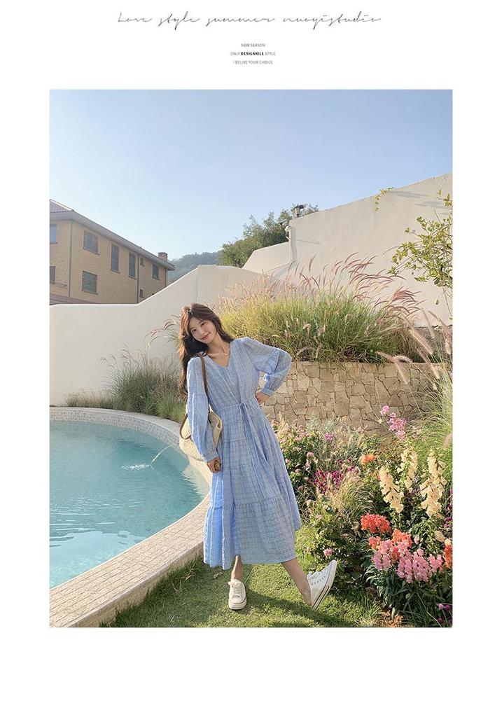 2026 Spring Blue Romantic Chic French Plaid Long Sleeve Maternity Dress