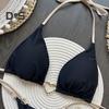 2Pcs/Set Women Bikini Set Heart Metal Buckle Halter Lace-up Swimsuit with Briefs Set Quick Drying Beachwear