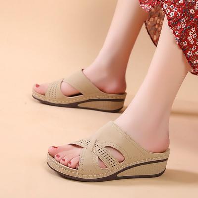 Sommer Damen Hausschuhe Übergröße Damen Schuhe Retro Römische Sandalen Damen Pu Casual Cross Keil Pantoletten Schuhe Plateau Hausschuhe