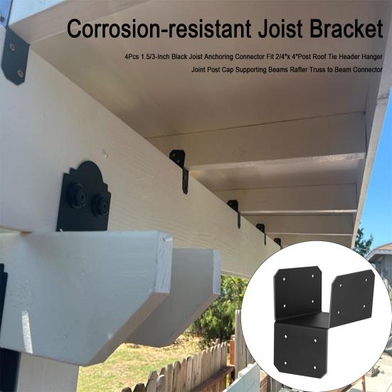4Pcs 1.5/3-Inch Black Joist Anchoring Connector Fit 2/4"x 4"Post Roof Tie Header Hanger Joint Post Cap Supporting Beams Rafter Truss to Beam Connector