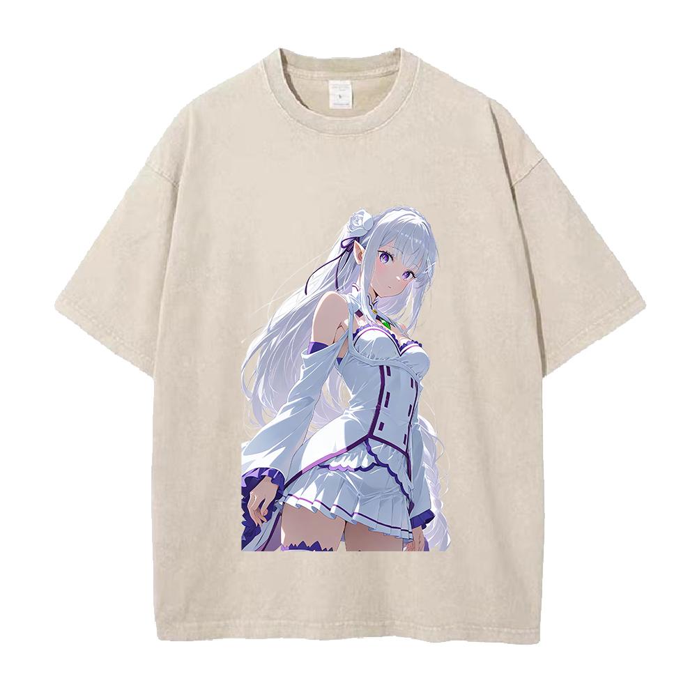 Manga Re ZERO Starting Life in Another World Emilia Printed Tee Men Women Washed Cotton T-shirt Vintage T Shirt Harajuku Tshirt