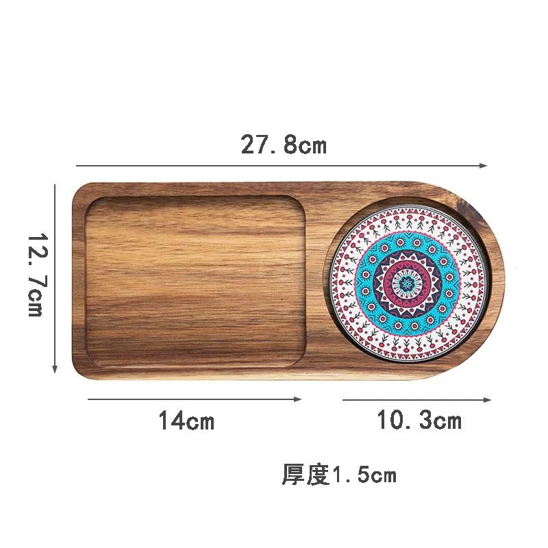 Japanese Wooden Tray with Ceramic Coaster for Cups Plates Retro Bread Dessert Breakfast Display
