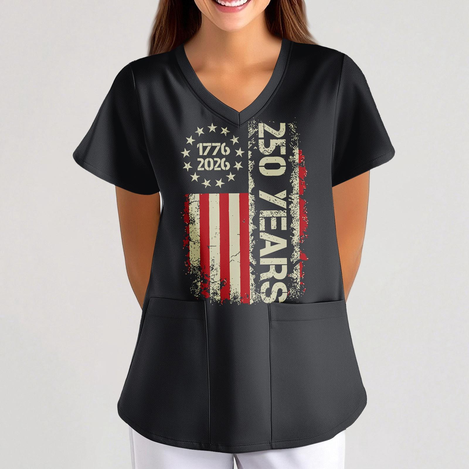 

Женская рубашка с принтом ко Дню независимости, свободная, с V-образным вырезом, карманом, коротким рукавом, для сиделки/униформа XXL чёрный