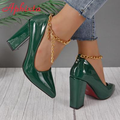 Aphixta Hot Sale Sexy Super Hoge Hak 10cm Vierkante Hakken Pumps Dames Goud Metalen Ketting Enkelband Schoenen Puntige Neus Grote Maat50 53