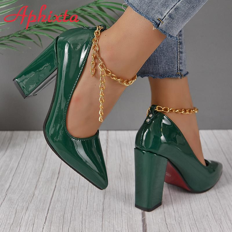 Fashion Aphixta Hot Sale Sexy Super High Heel 10cm Square Heels Pumps Women Gold Metal Chain Ankle Strap Shoes Pointed Toe Big Size50 53