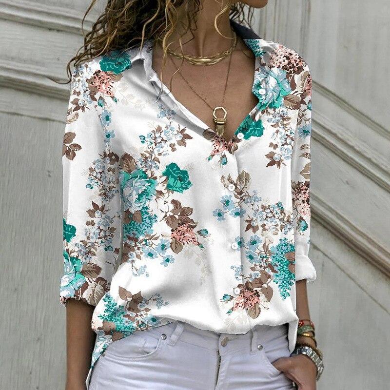 Women's Retro Chiffon Shirt Office Women's Elegant Printing Long Sleeve Floral Shirt