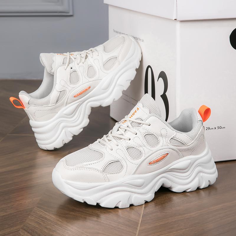 White New Fashionable Thick Sole with Hong Kong Style Dad Shoe Lightweight Casual Shoes, Student Anti Slip Sports Women's Shoes