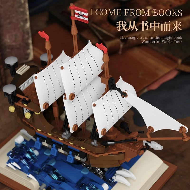 925Pcs Magic Book Sailboat Building Block Ornament Set Military Imperial Warship Model Modular Assemblytoys Adults Gift