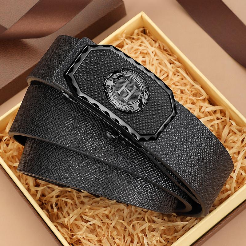 New Men'S Leather Automatic Buckle Belt Fashion Business Casual Cowhide Belt Middle-Aged And Young High-End Simple Belt