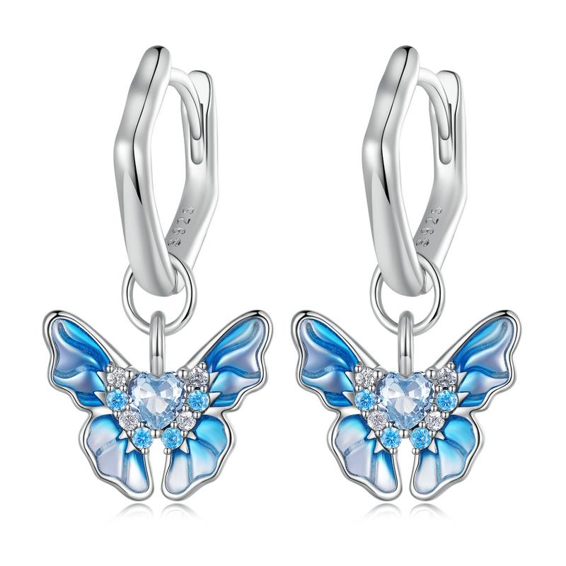 WOSTU 925 Sterling Silver Blue Butterfly Drop Hoop Earrings Women Dreamy Zircon oil printed Ear Clips Statement Wedding Jewelry