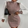 2025 Stylish European and American High Neck Ribbed Patchwork Slim Fit Long Sleeve Dress