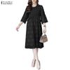 ZANZEA Women Round Neck 3/4 Sleeve Casual Elegant Lace Dress