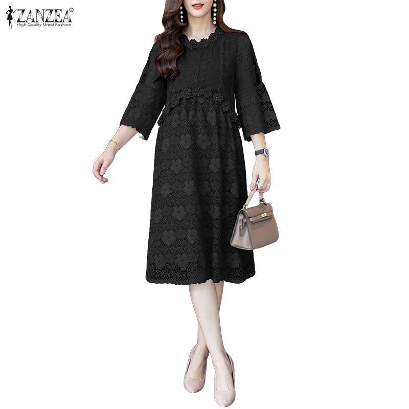 ZANZEA Women Round Neck 3/4 Sleeve Casual Elegant Lace Dress