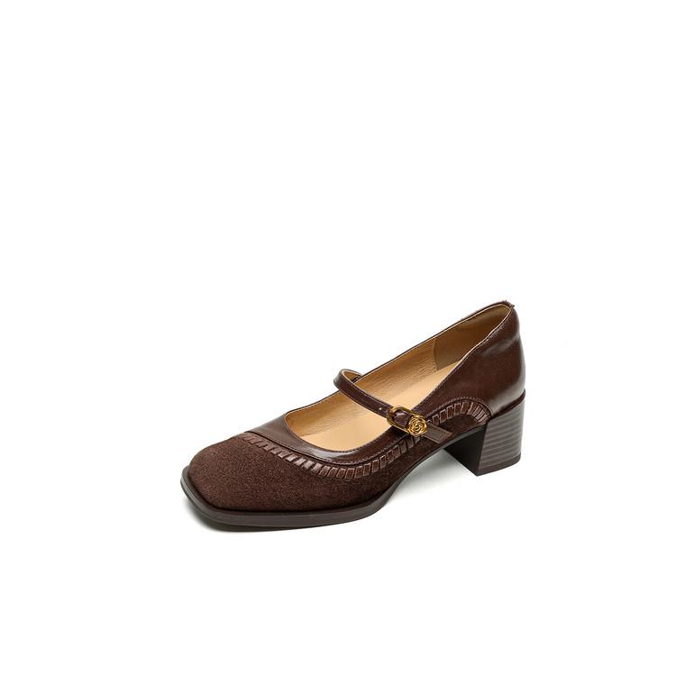 

Fashion NEW Autumn/Spring Women Pumps Sheep Suede Leather Shoes for Women Round Toe Chunky Heel Shoes Buckle Strap High Heel Daily Shoes 34 коричневый