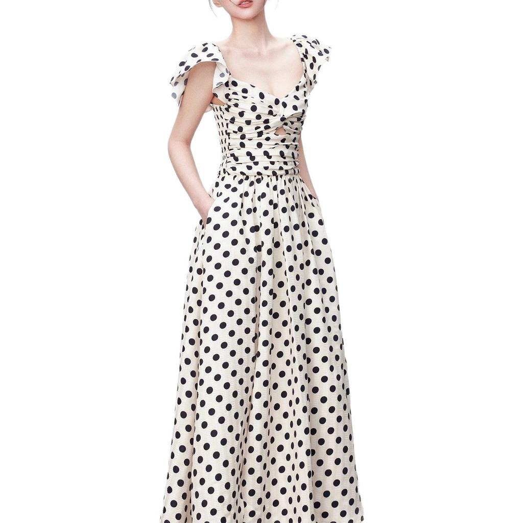 Korean Sweet High-end Polka Dot Dress for Women's Summer New Pleated Waist and Thin Temperament Long Skirt