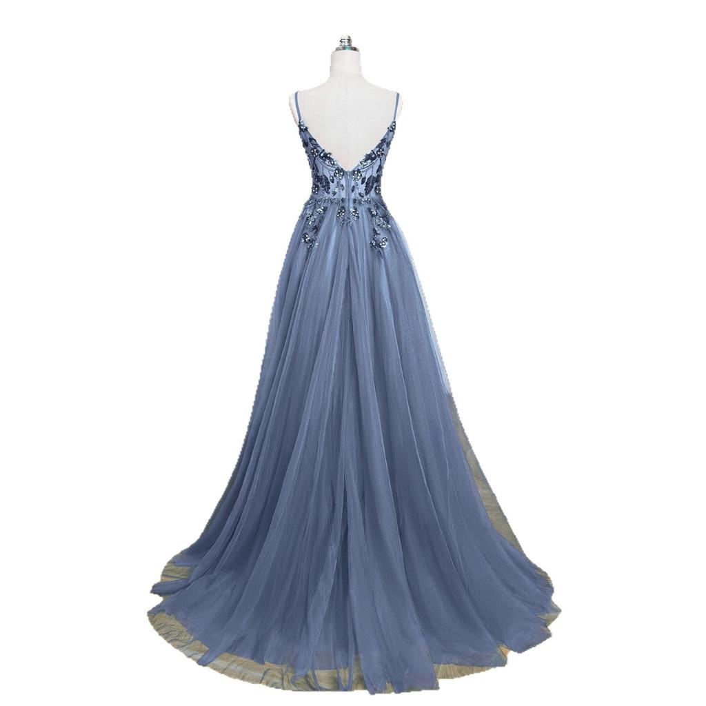 Gray Blue Suspender Evening Dress 1011 New Ball Party Dress French Lace Applique Puffy Gauze Skirt