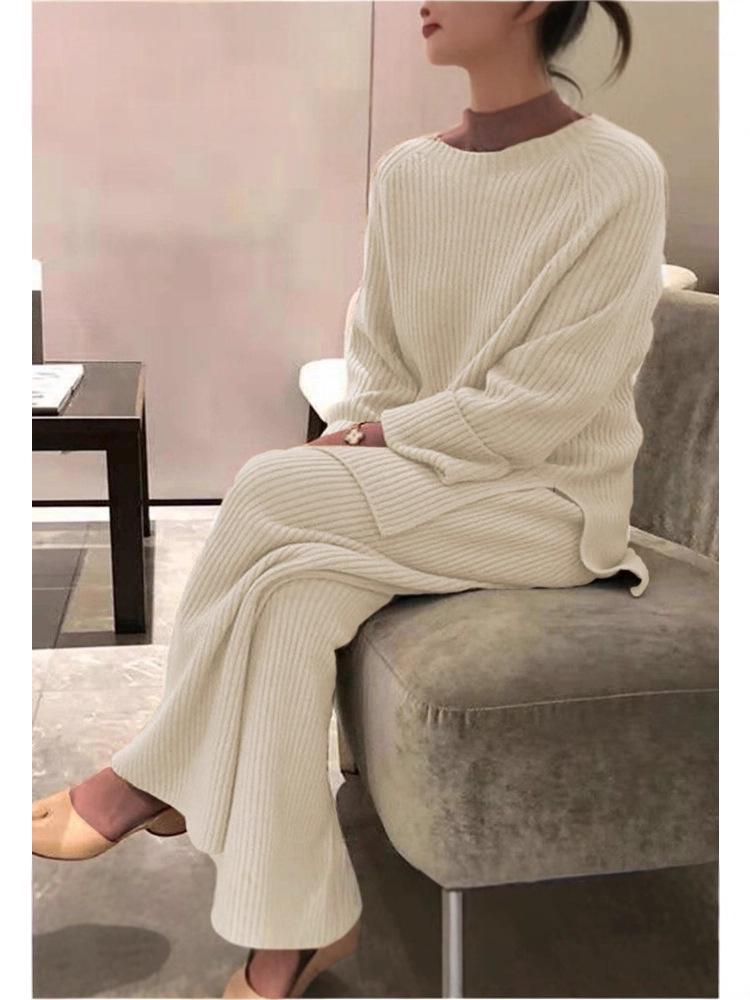 2025 Damen Herbst/Winter Langarm Einfarbig Gestrickt Lässig Zweiteiliges Set