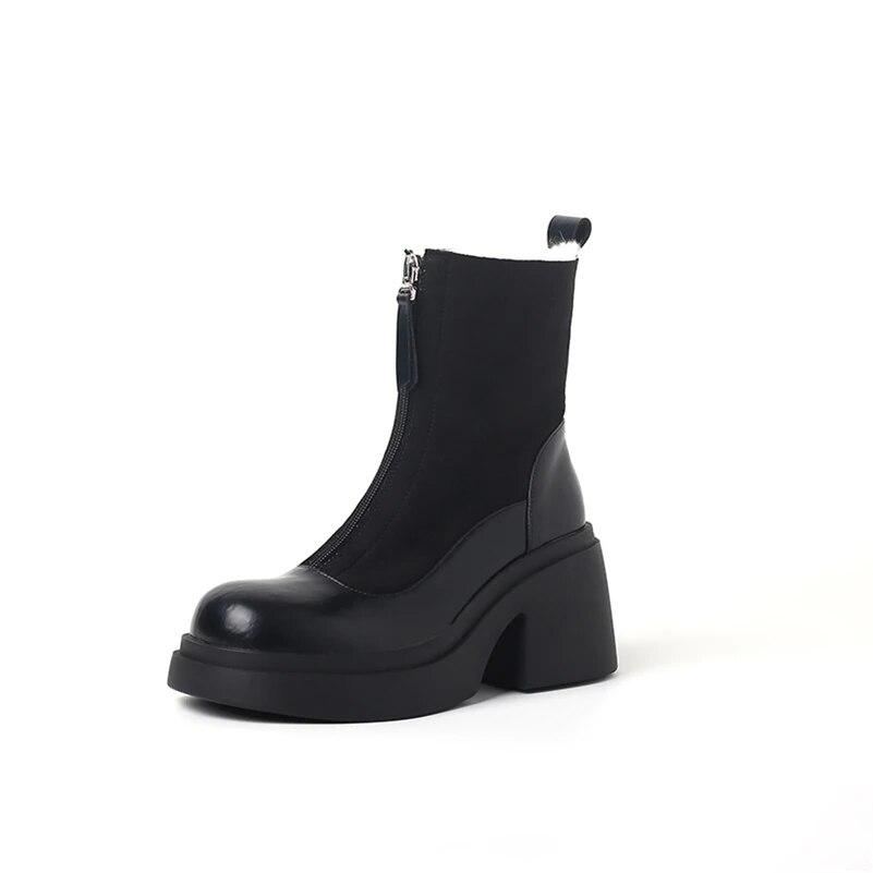 Meotinaженские ботильоны из натуральной кожи короткие ботинки с круглым носком на высоком каблуке и платформе на меху на молнии женская модная обувь зимняя обувь 34 чёрный 6809₽