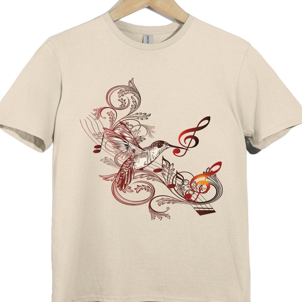 Hummingbird Graphic T Shirt Bird Art Tee Nature Design with Music Notes