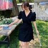 Elegant Women's Black Mini Dress with Ruffled Waist and French Design
