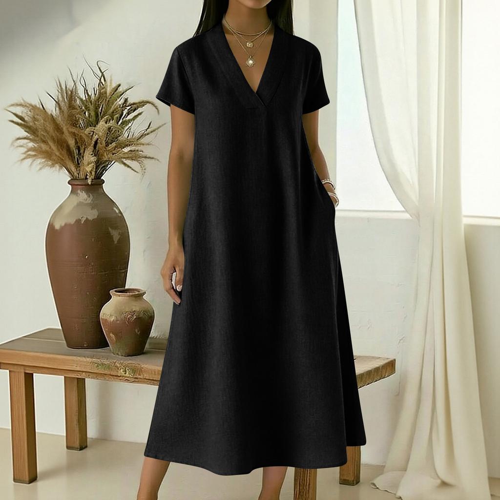 Women's V-neck Short-sleeved Mid-length Loose-fitting Dress With Large Pockets And Casual