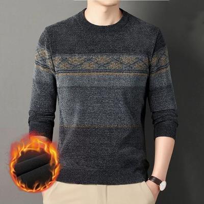 Men's Long-sleeved Sweater Winter Middle-aged Casual Fashion Round Neck Velvet Thickened Warm Knitted