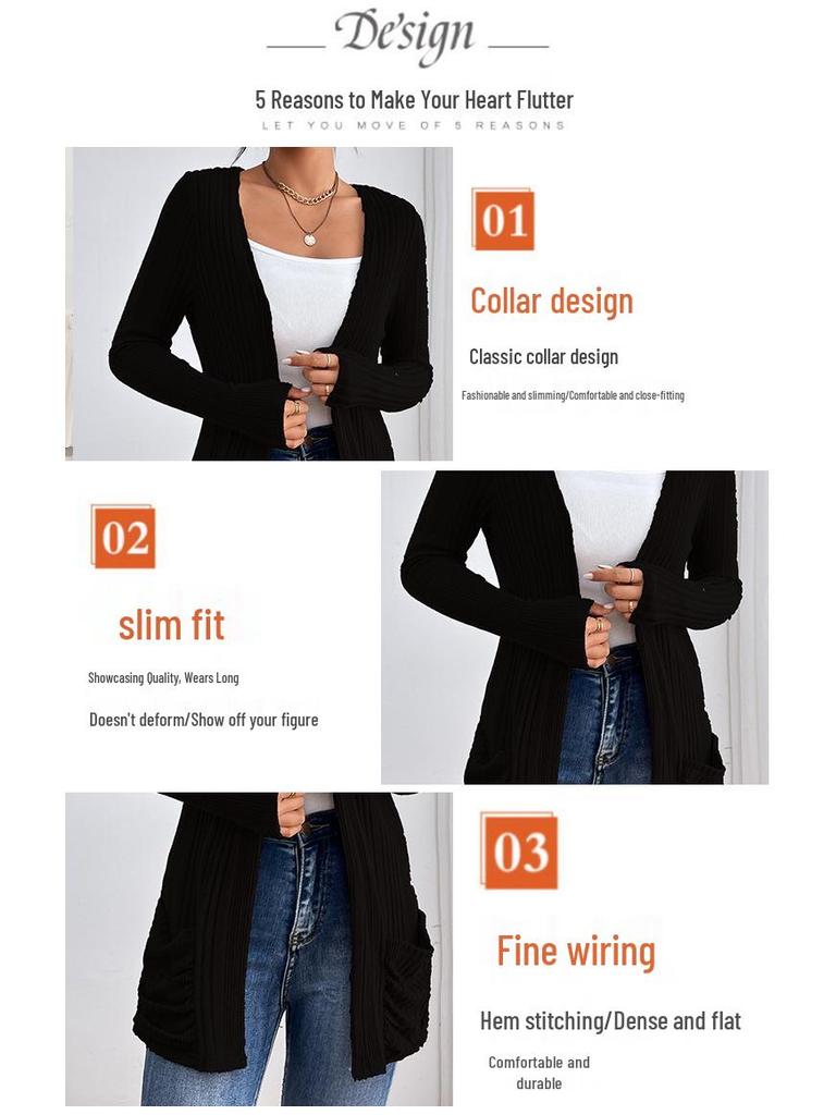 European and American Solid Long-Sleeve Mid-Length Knitted Cardigan with Pockets - Autumn/Winter Sweater