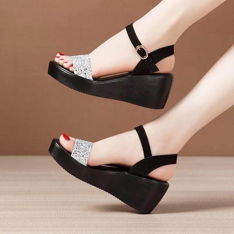 6cm Small Size 32-43 Bling Silver Black High Heels Shoes Summer Platform Sandals 2025 Women's Wedges Sandals for Office Beach