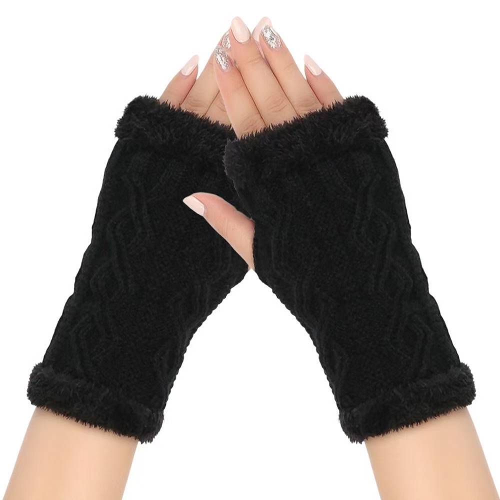 Fleecelined Thickened Argyle Short Fingerless Knit Mittens with Fuzzy Sleeve Cuffs for Winter Warmth чёрный