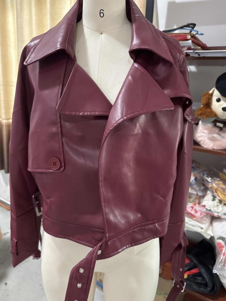 Jachetă 2024 din piele ecologică, cu rever larg, mâneci lungi, stil stradal