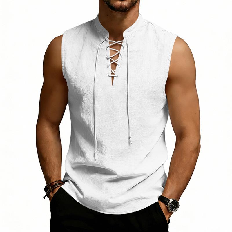 Men Stand Collar Sleeveless Shirt Lace Up Front Linen Casual Vest S белый