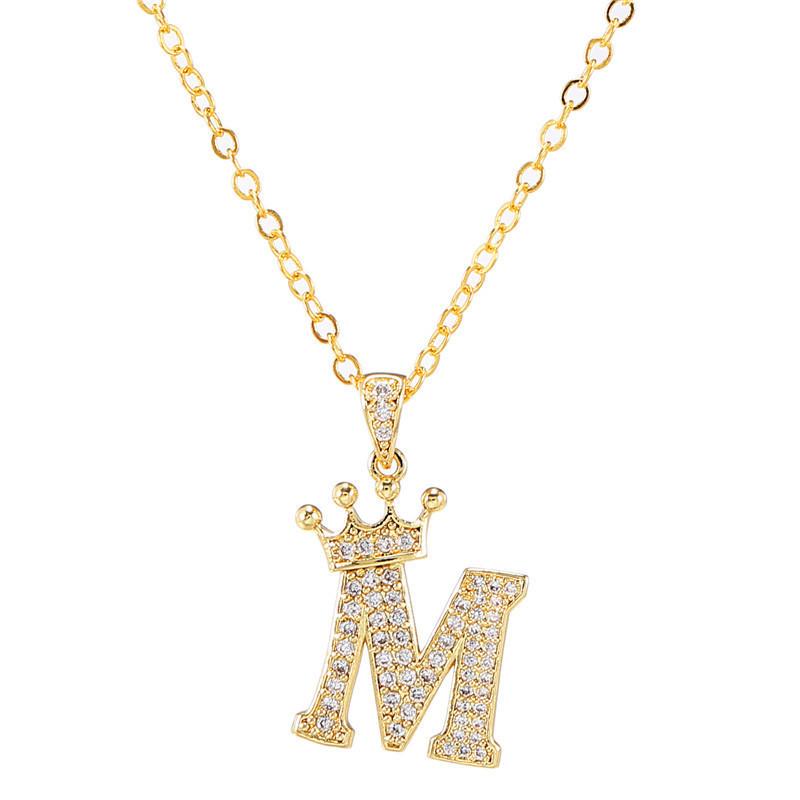 Fashion Cubic Zirconia Crown Letter Pendant Necklace Gold Hip Hop Punk Alphabet Jewelry