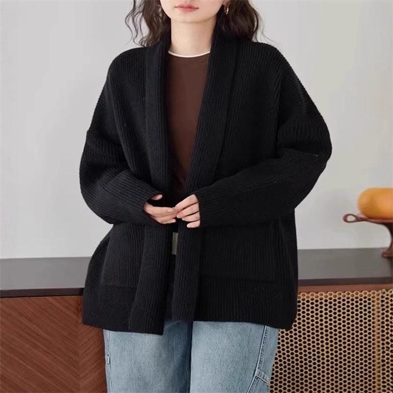 

Вязаный свитер-куртка осень и зима новый свободный ленивый утолщенный средней длины вязаный кардиган топ женский One size чёрный
