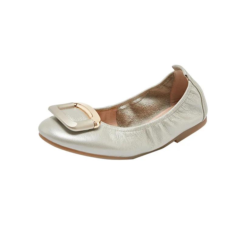 Fashion Genuine Leather Women's Flat Shoes Women Buckle Round Toe Slip on Ballet Flats Lazy Loafers Moccasins Ladies Casual Flats Shoes