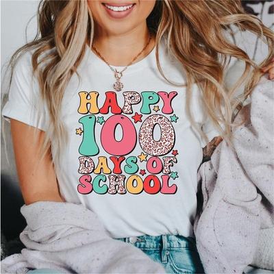 Women's Top 100 Days of School Printed High Street Trendy Fashion Casual Cotton T-Shirts Women’s