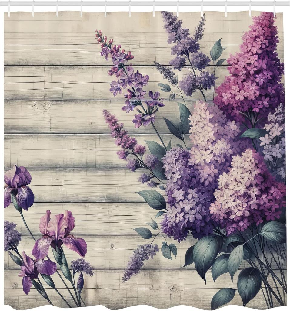 Lavender Shower Curtain, Nostalgia Rustic Farmhouse Back with Leafy Bouquet of Flowers Print, Cloth Fabric Bathroom De