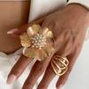 SHIXIN Elegant Multilayer Flower Imitation Pearl Open Ring for Women Vintage Irregular Geometric Gold Color Adjustable Ring New