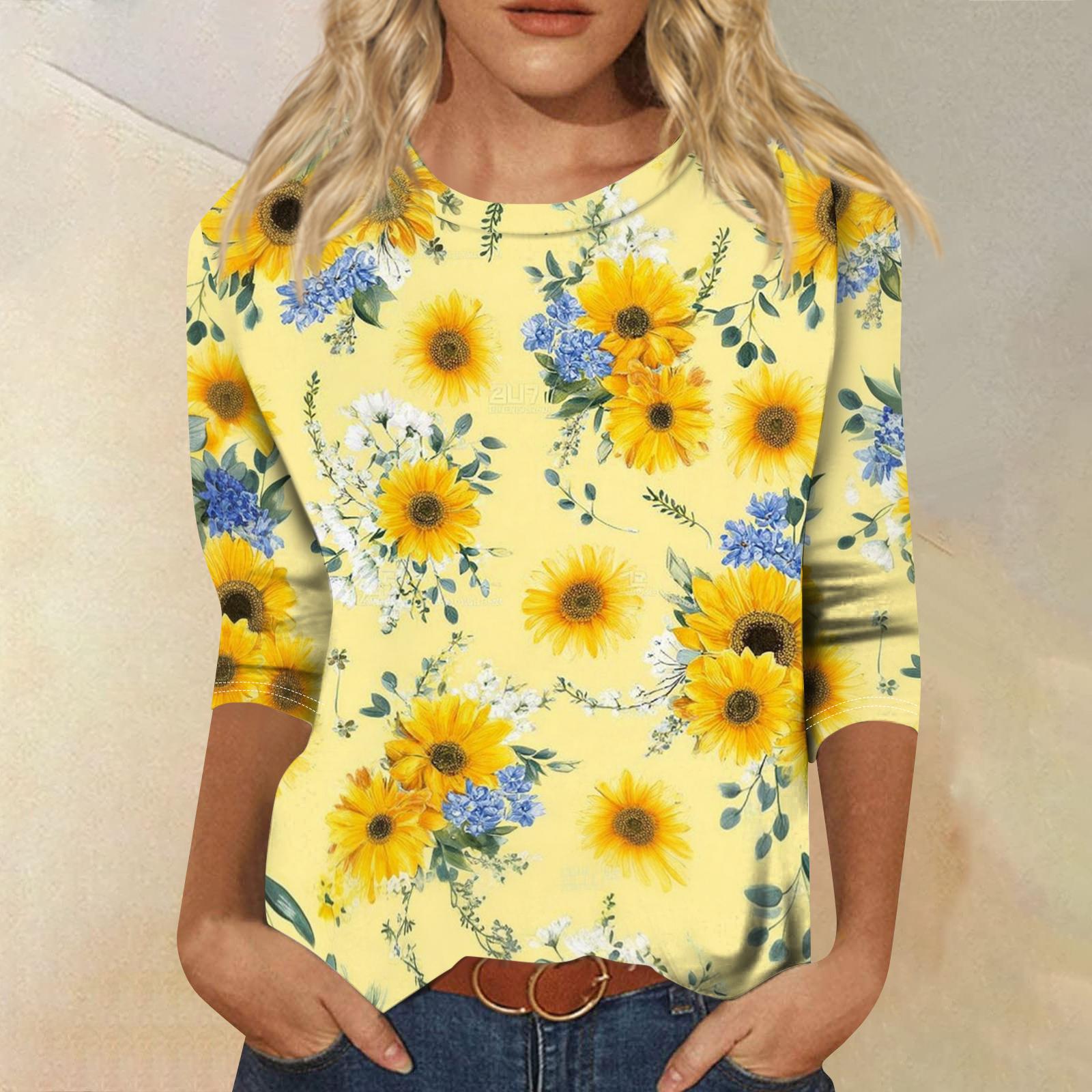 

Women s Fashionable Casual Round Neck Three-Quarter Sleeve Printed T-Shirt Top XL