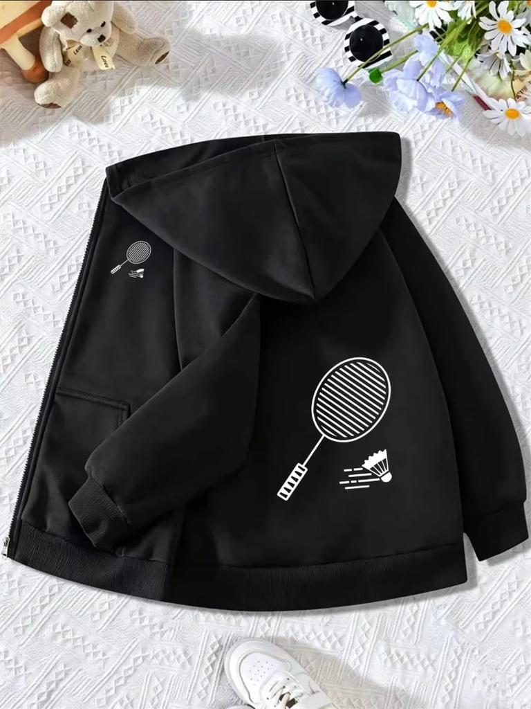 Kinder Kapuzenjacke mit Reißverschluss Badminton Schläger Federball Grafik Langarm Freizeit Sport Hoodie Oberbekleidung Für Jungen Mädchen