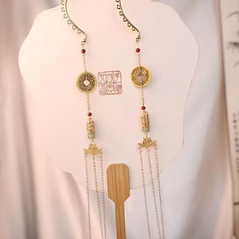 Mountain Ghost Flower Copper Coin Earrings with Tassels - Unisex Hanfu Style Ear Cuffs