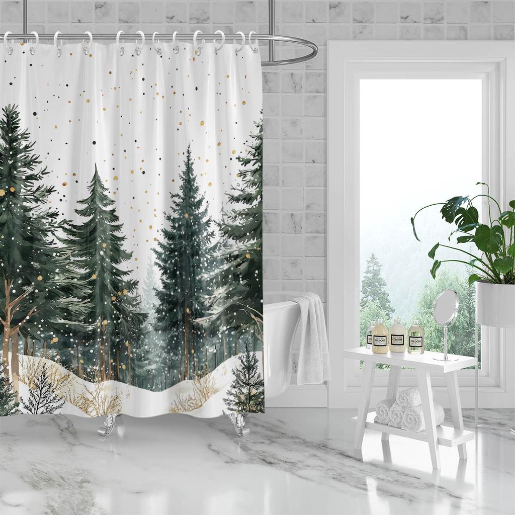 1Pc Pine Forest Print Waterproof Shower Curtain Bathroom Partition Door Curtain Privacy Protection With 12 Hooks Multiple Sizes