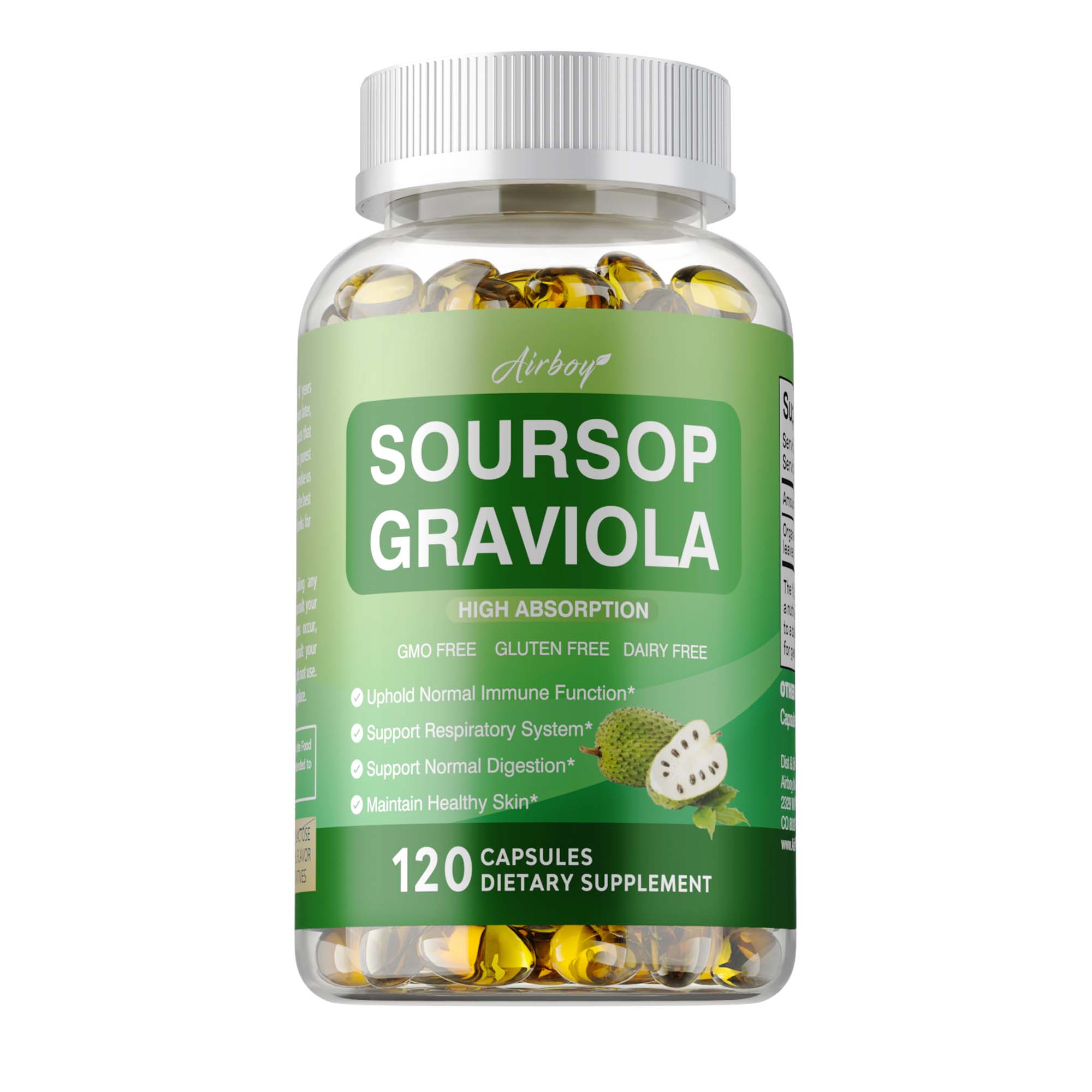 

Airboy Soursop Capsules, with powerful antioxidants, improve digestion and cell health, and boost immunity. 120