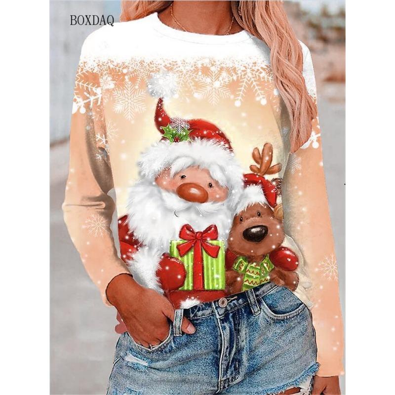 Big Size Women Clothing Christmas T-shirts Autumn Winter Long Sleeve 3d Santa Claus And Snowman Print Cartoon Cute Lady Tops