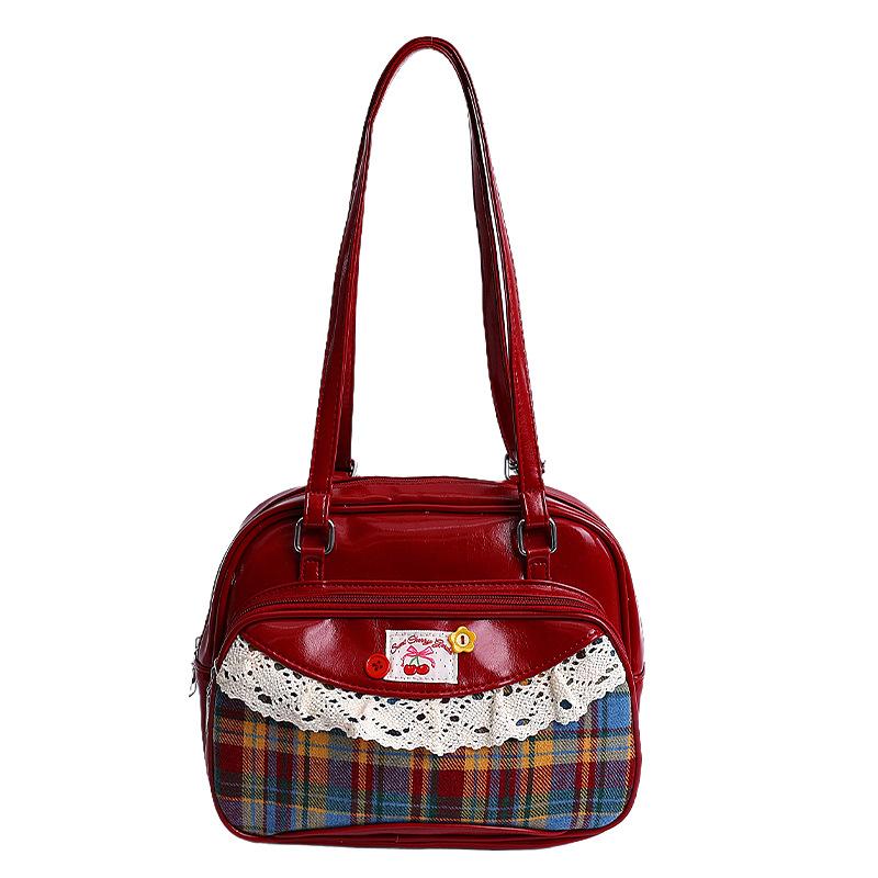 

Red plaid bag women s 2025 new trendy fashion college style handbag fresh and cute lace shoulder messenger bag красный