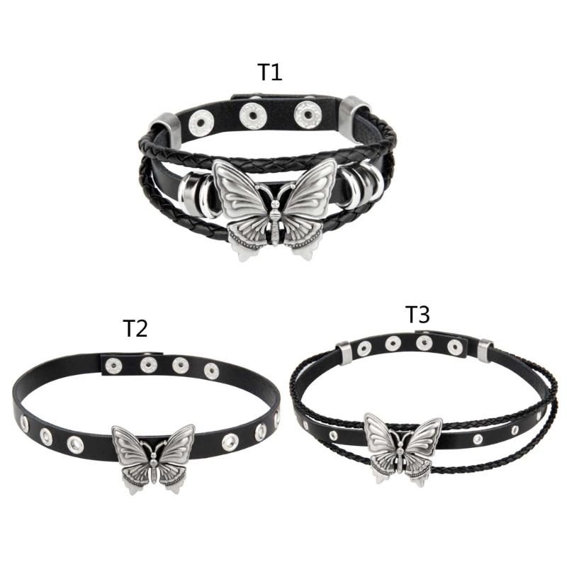Women Men Cool Punk Choker Necklaces Bracelet Gothic Butterfly Pendant Biker Choker PU Leather Collar Sexy Jewelry Gift