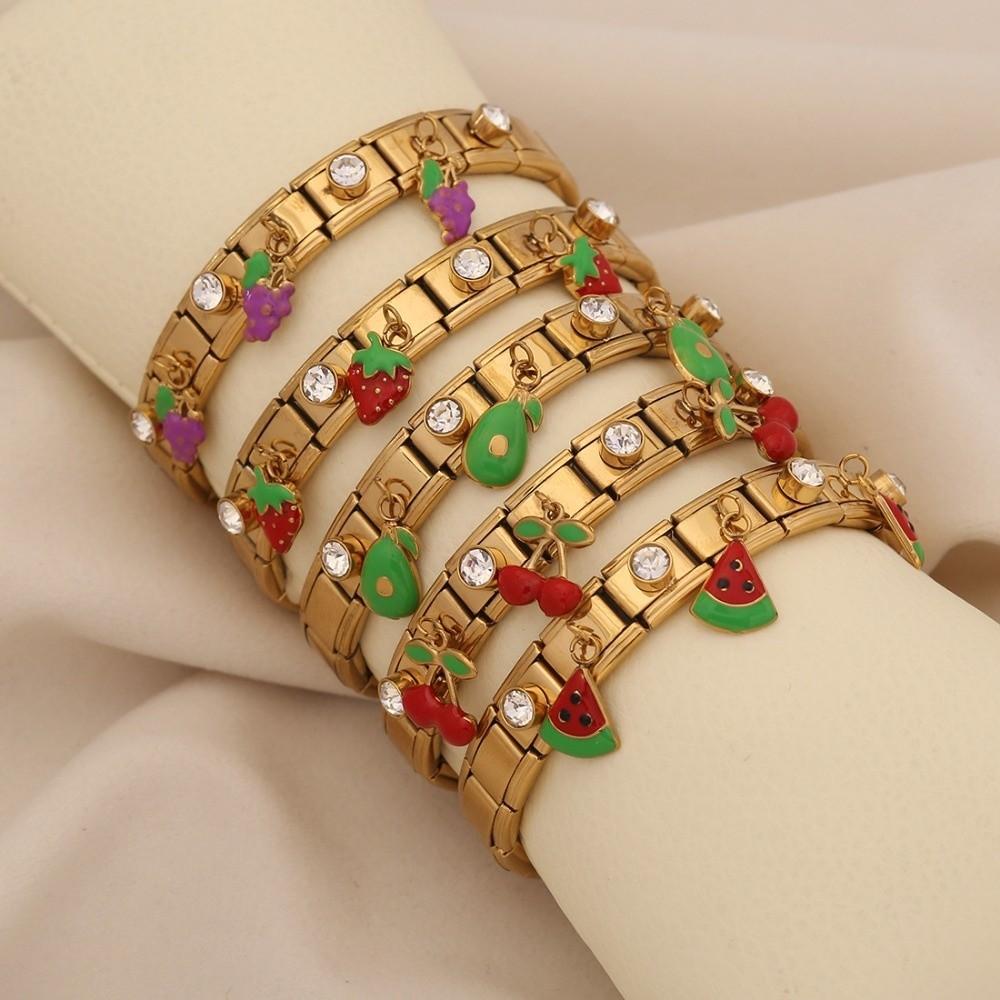 Crystal Fruit Pendant Bangle Elastic Stainless Steel Bracelet Geometric Square Bracelet  Vacation