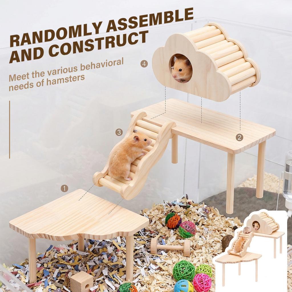 4 Pcs Hamster Platform Ladder Hideout Wood Playhouse Hamster Game Climbing Toy for Small Pet Hamster Rat Gerbil Chinchilla Mouse
